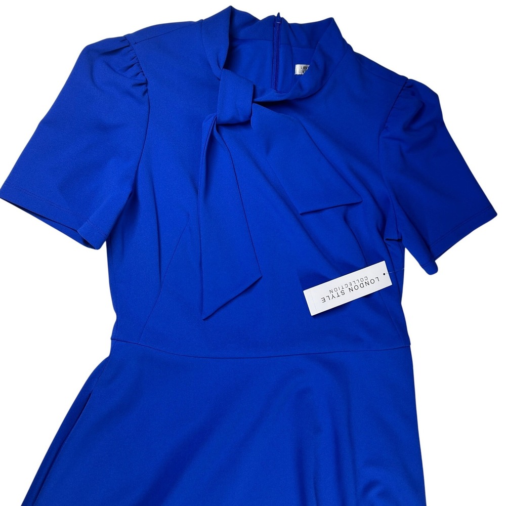 London Style Collection Cobalt Blue Bow Neck Short Sleeve Flare Dress Sz 10 NEW - Picture 6 of 13